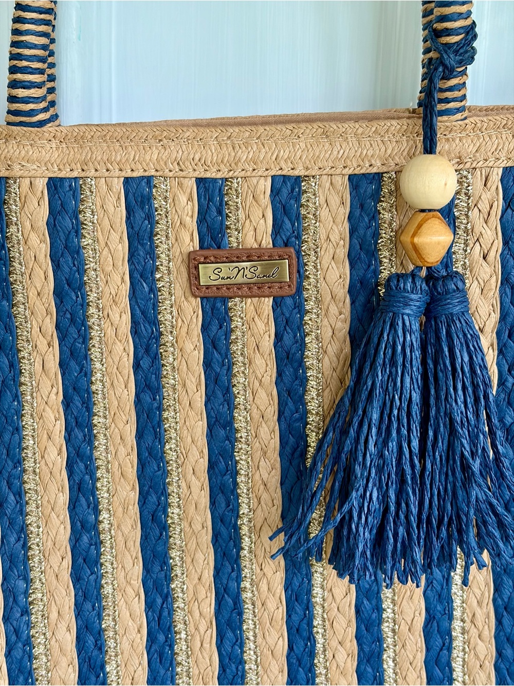 Striped Tan and Navy Straw Tote with Tassel - Picture 3 of 7
